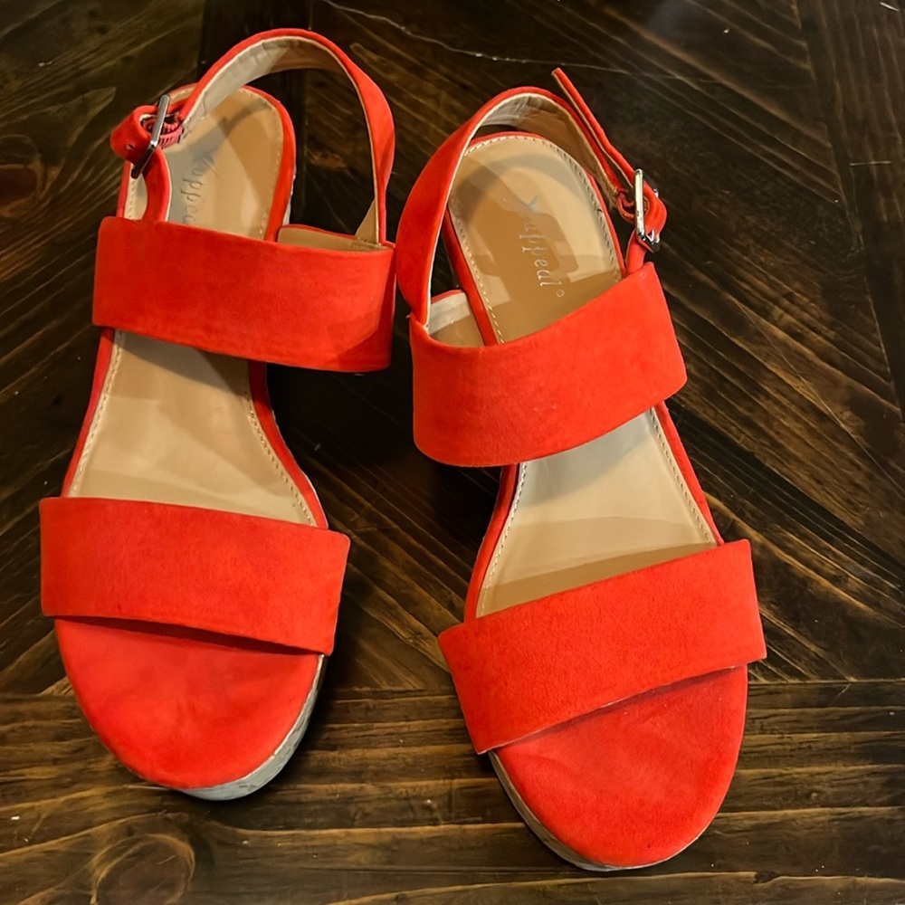 Xappeal red velvet wedge shoes.